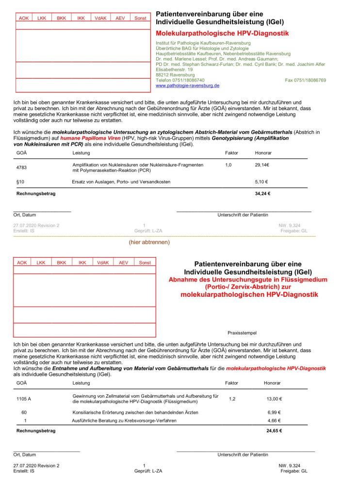 Pat.Vereinbarung NW 9.324 IGel Molpath. HPV-Diagnostik RV