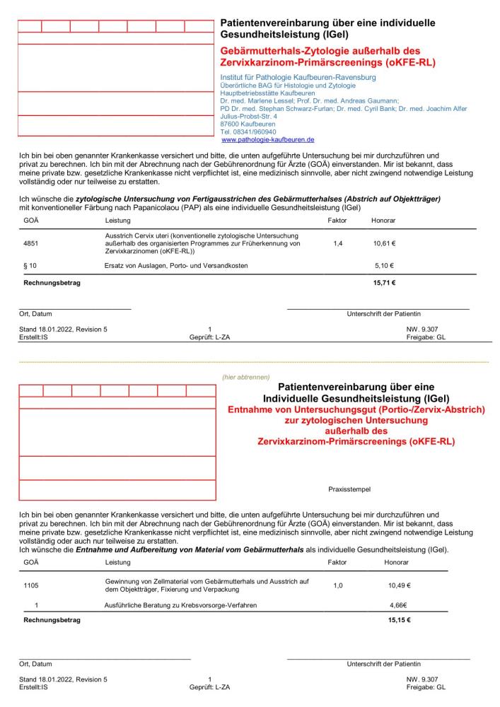 Pat.Vereinbarung NW 9.307 IGel Gebärmutterhals-Zytologie  KF