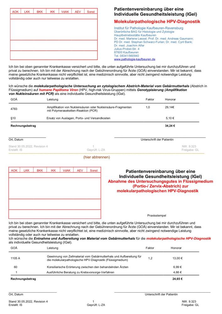 Pat.Vereinbarung NW 9.323 IGel Molpath. HPV-Diagnostik KF