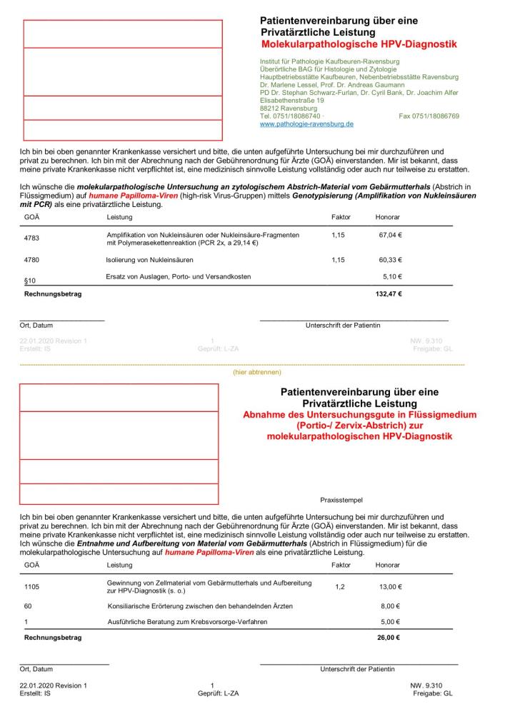 Pat.Vereinbarung NW 9.310 Privat Molpath. HPV-Diagnostik RV